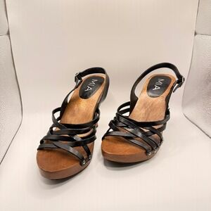 MIA Black Leather Strappy Wooden Platform Sandals Made in Brazil Studded Heels